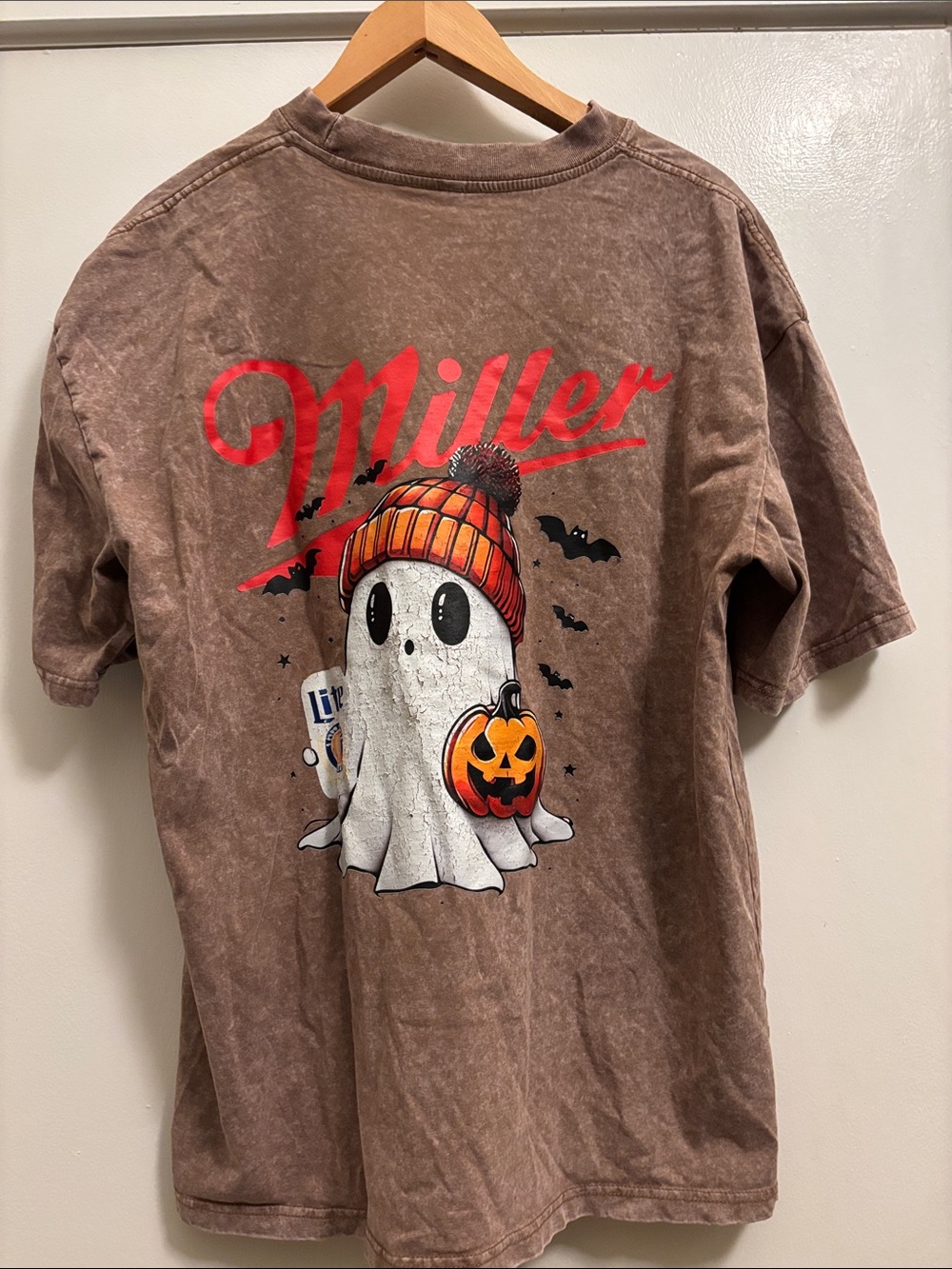 Miller Lite Ghost Graphic Short Sleeve Tee in Brown Mens L - beer Halloween